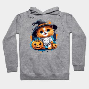 A Cat wearing a witches hat and holding a pumpkin Hoodie